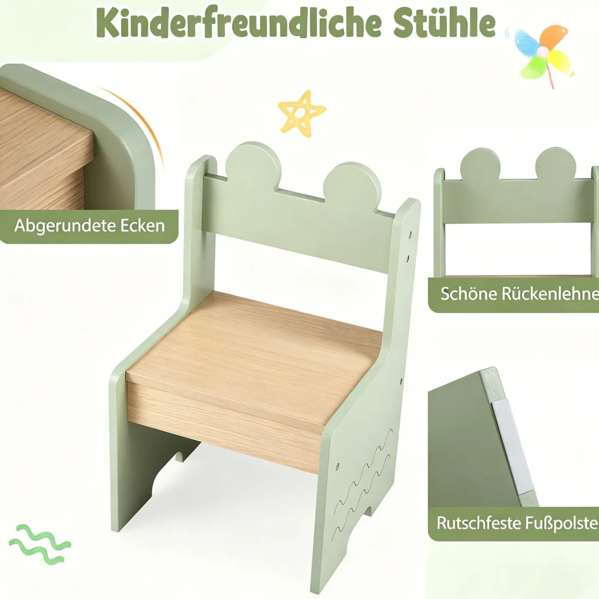 Kindertisch mit 2 Stühlen in Krokodilform 3 TLG. Kindersitzgruppe mit Stauraum & Stoffschublade