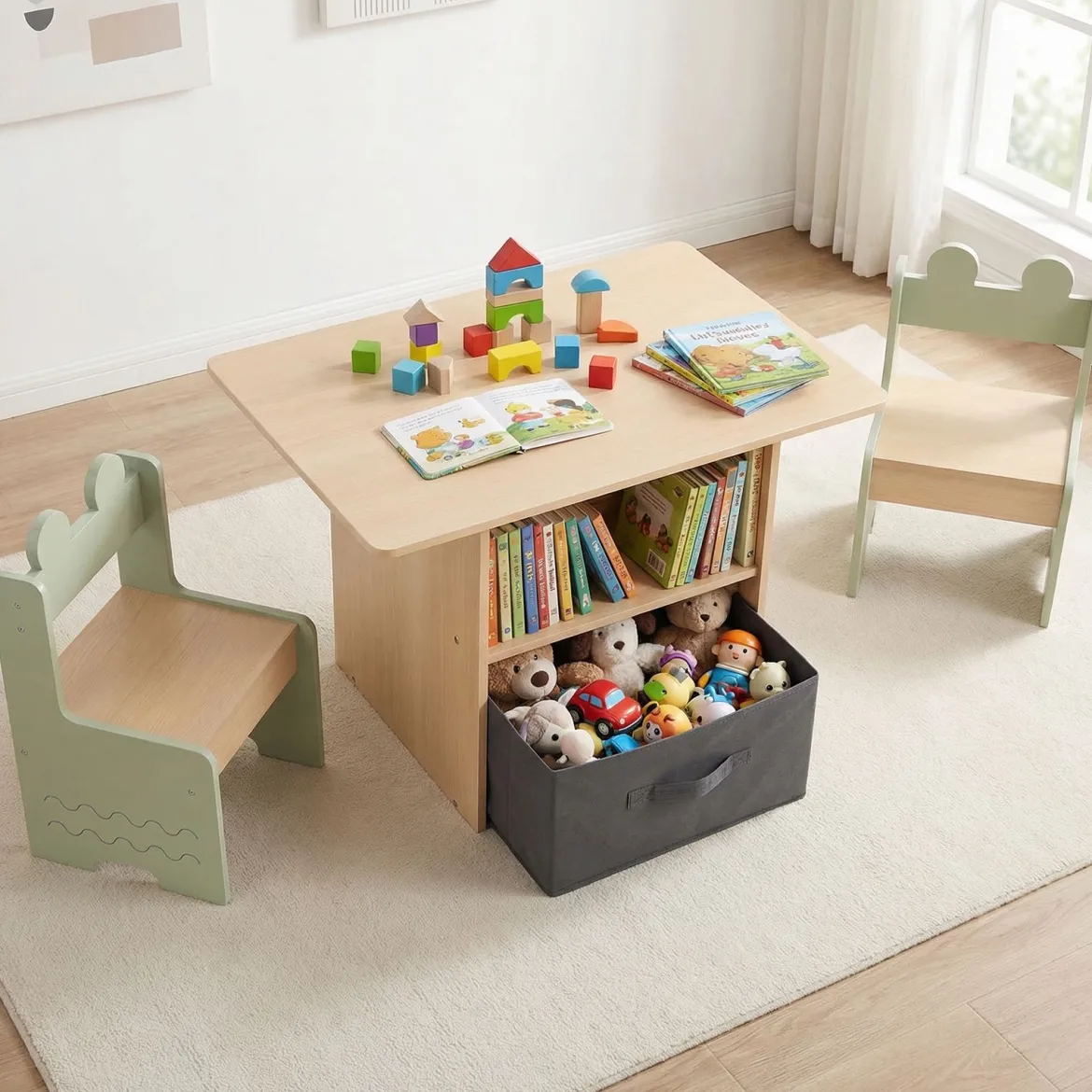 Kindertisch mit 2 Stühlen in Krokodilform 3 TLG. Kindersitzgruppe mit Stauraum & Stoffschublade