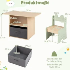 Kindertisch mit 2 Stühlen in Krokodilform 3 TLG. Kindersitzgruppe mit Stauraum & Stoffschublade