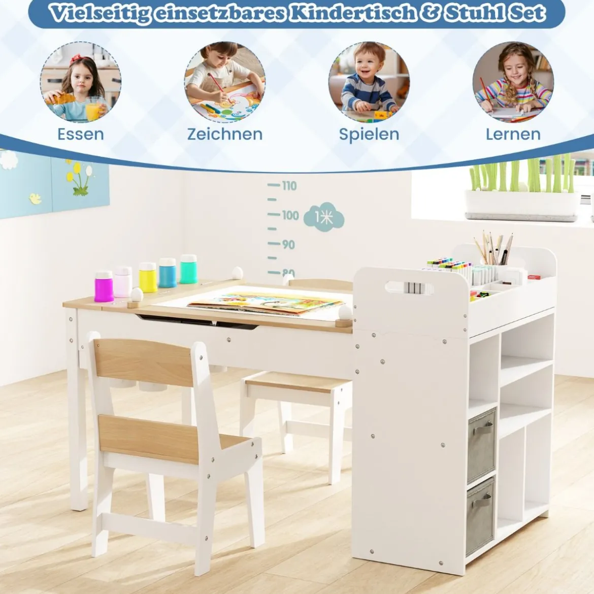 Kindertisch mit 2 Stühlen 3 in 1 Maltisch Holz Kindersitzgruppe mit anhebbarer Tischplatte Grau/Natur