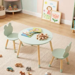 Kindertisch mit 2 Stühlen Kinderschreibtisch & froschförmiges Stuhlset mit Holzbeinen Grün