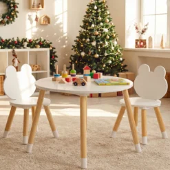 Kindertisch mit 2 Stühlen Kinderschreibtisch & froschförmiges Stuhlset mit Holzbeinen Weiß