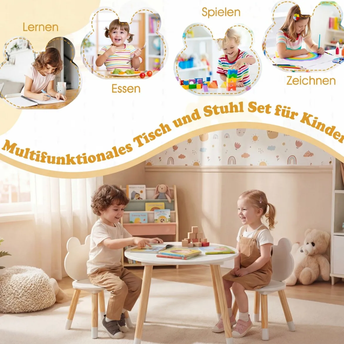 Kindertisch mit 2 Stühlen Kinderschreibtisch & froschförmiges Stuhlset mit Holzbeinen Weiß