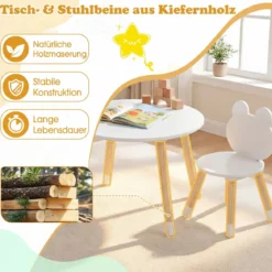 Kindertisch mit 2 Stühlen Kinderschreibtisch & froschförmiges Stuhlset mit Holzbeinen Weiß