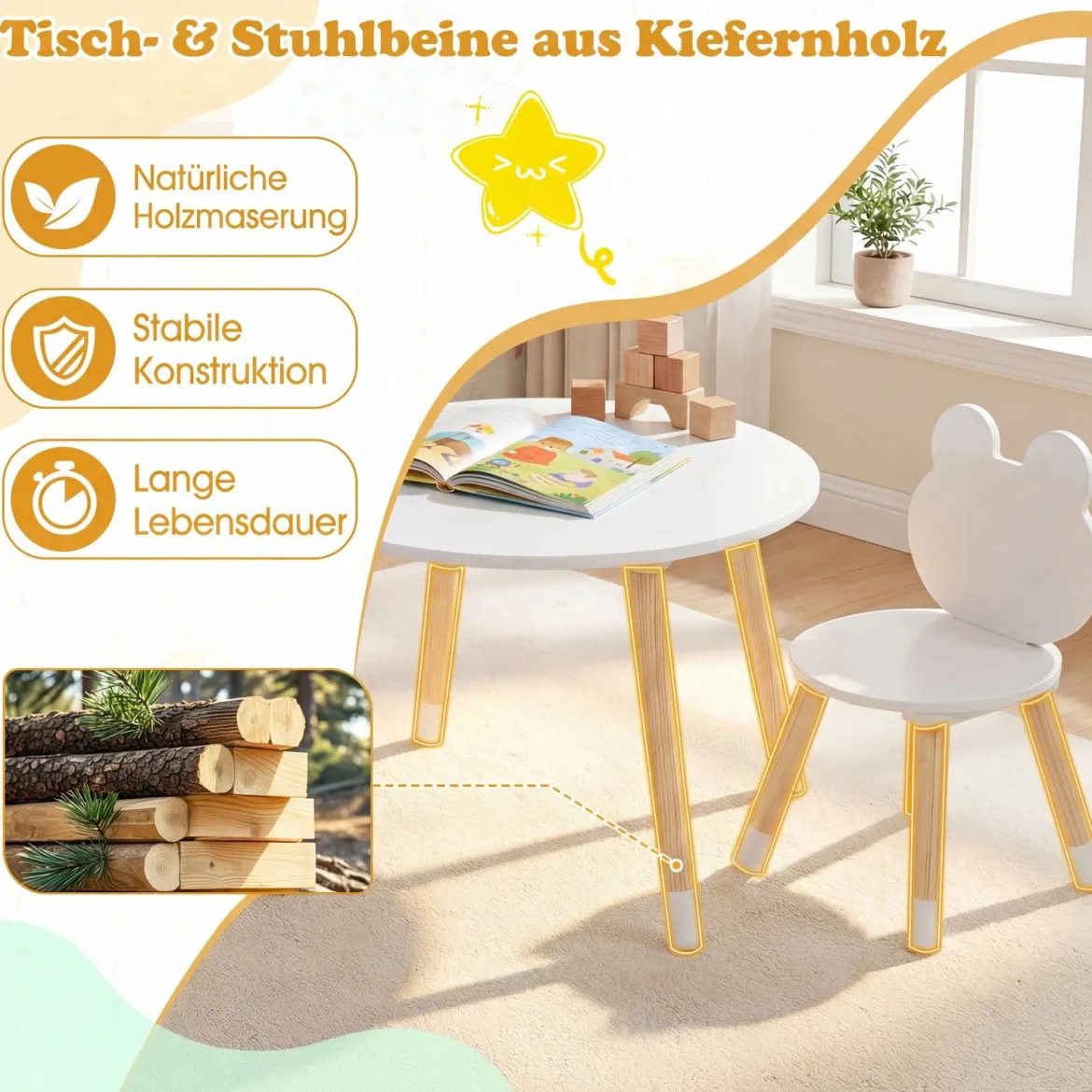 Kindertisch mit 2 Stühlen Kinderschreibtisch & froschförmiges Stuhlset mit Holzbeinen Weiß
