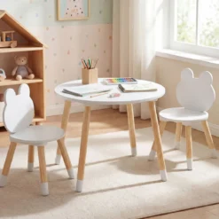 Kindertisch mit 2 Stühlen Kinderschreibtisch & froschförmiges Stuhlset mit Holzbeinen Weiß