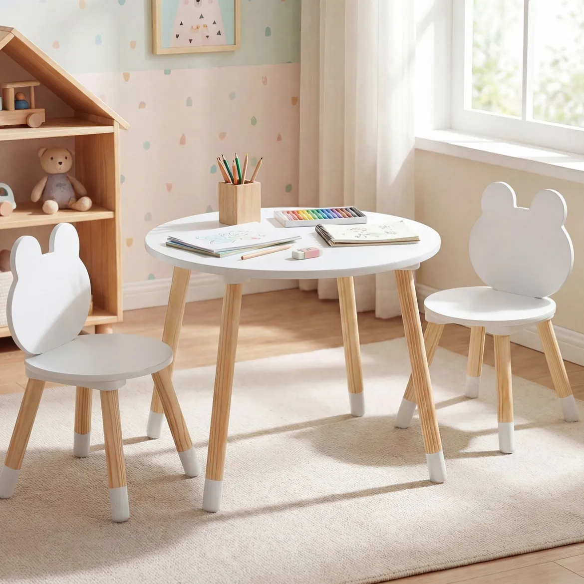 Kindertisch mit 2 Stühlen Kinderschreibtisch & froschförmiges Stuhlset mit Holzbeinen Weiß