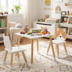Kindertisch mit 2 Stühlen Kinderschreibtisch und Stuhl Set mit Holzbeinen Kindersitzgruppe Weiß