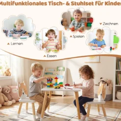 Kindertisch mit 2 Stühlen Kinderschreibtisch und Stuhl Set mit Holzbeinen Kindersitzgruppe Weiß