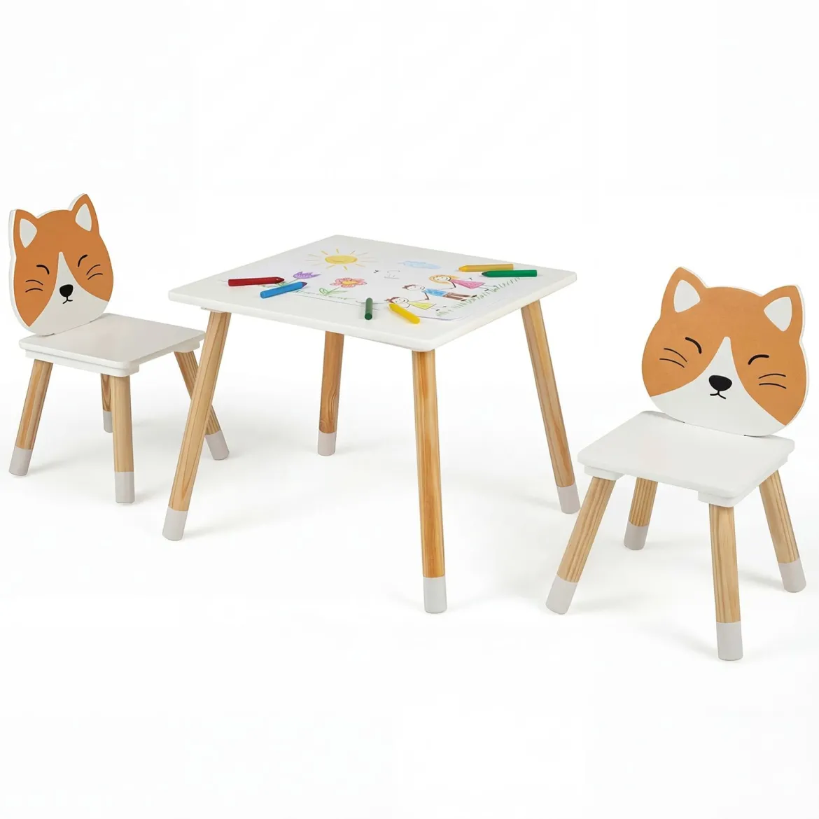 Kindertisch mit 2 Stühlen Kinderschreibtisch und Stuhl Set mit Holzbeinen Kindersitzgruppe Weiß