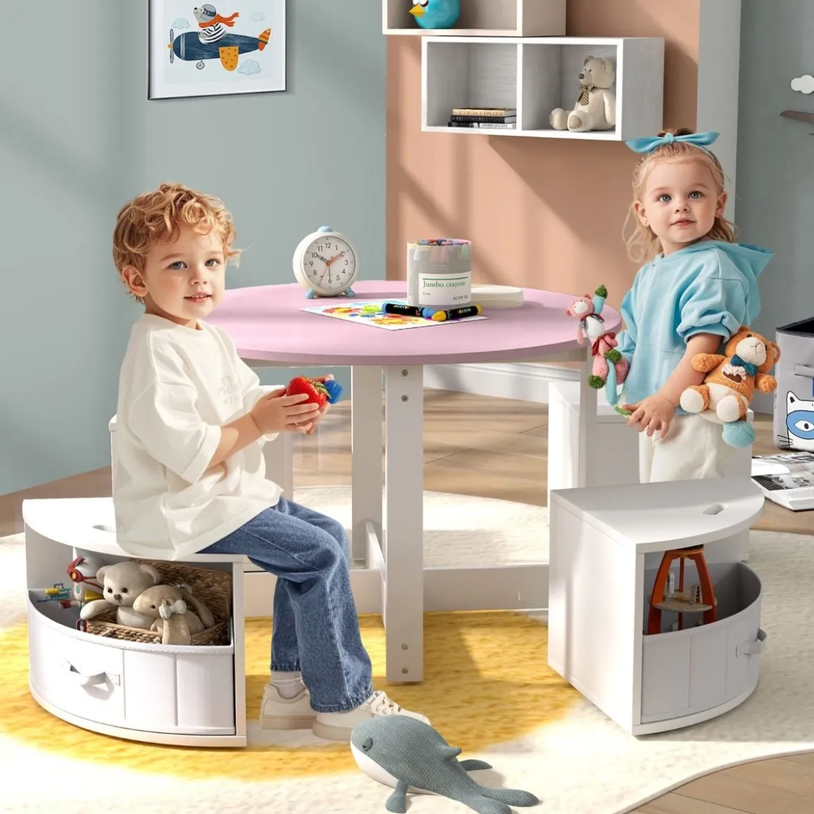 Kindertisch mit 4 Stühlen rund 5 teilige Kindersitzgruppe aus Holz mit 4 Stauraumhocker