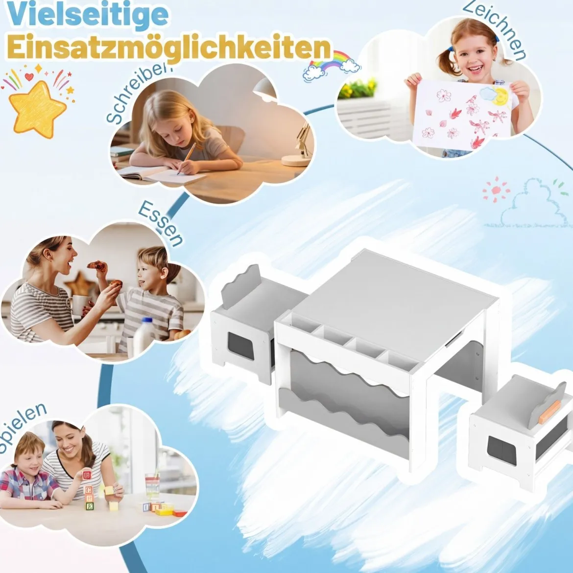 Kindertisch mit 2 Stühlen 3-teilige Kindersitzgruppe aus Holz mit Wendbarer & Abnembarer Grau