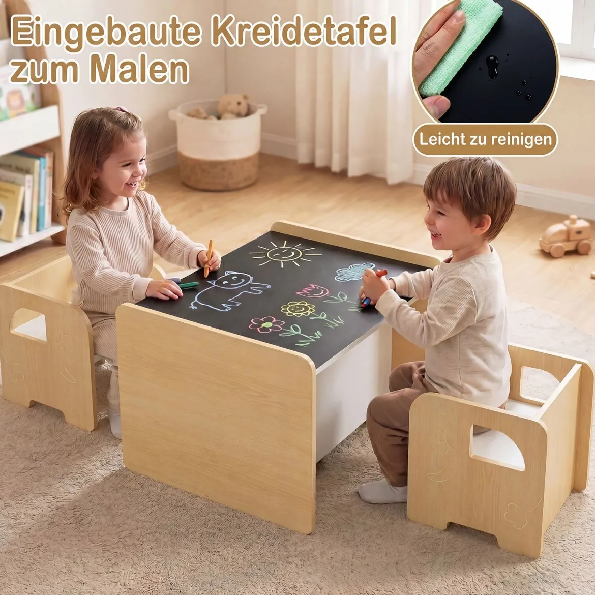 Kindertisch mit 2 Stühlen Tisch und Stuhl Set mit Tafel Spieltisch mit Niedlichem Muster für Kinderzimmer Grau/Natur/Weiß