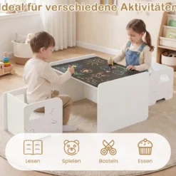 Kindertisch mit 2 Stühlen Tisch und Stuhl Set mit Tafel Spieltisch mit Niedlichem Muster für Kinderzimmer Grau/Natur/Weiß