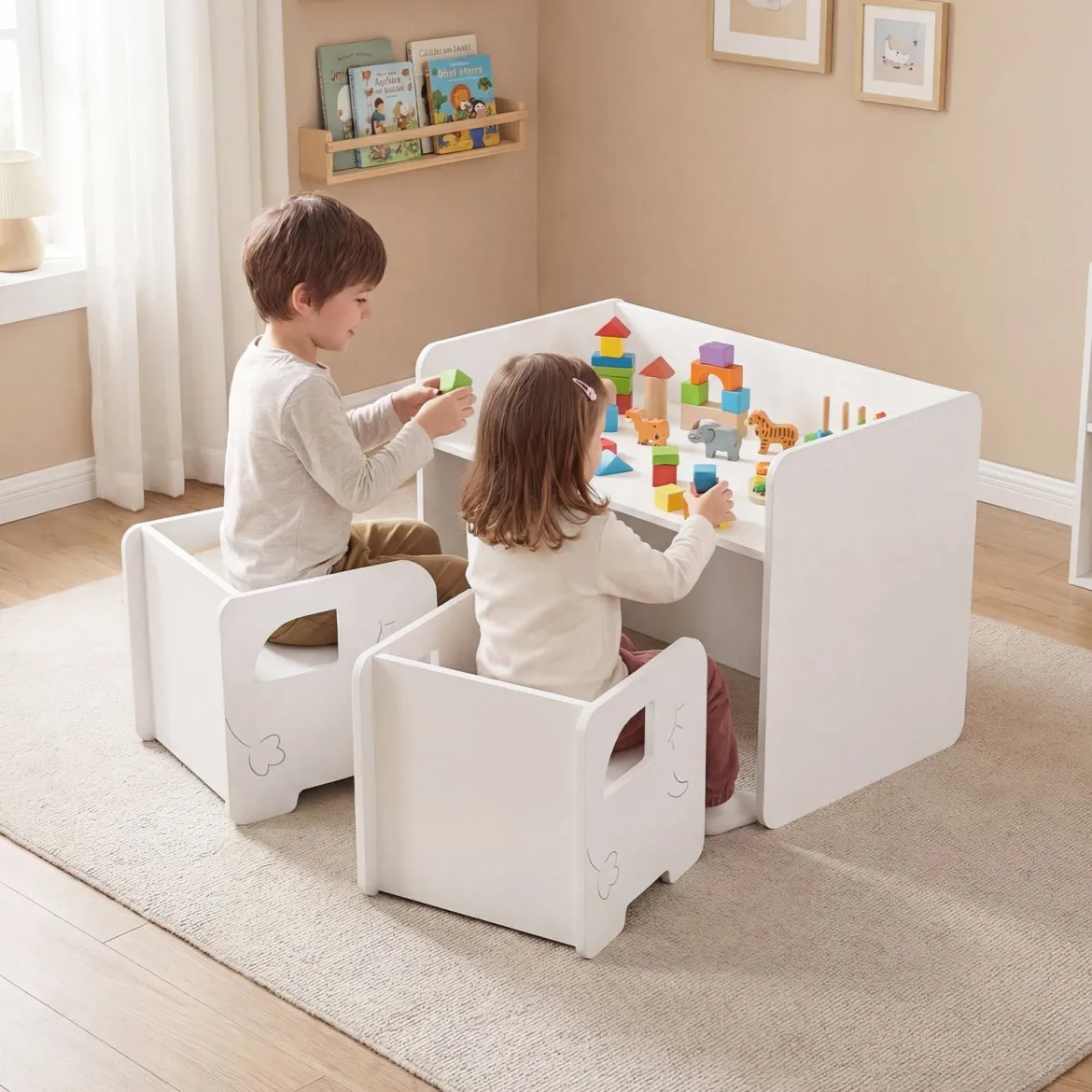 Kindertisch mit 2 Stühlen Tisch und Stuhl Set mit Tafel Spieltisch mit Niedlichem Muster für Kinderzimmer Grau/Natur/Weiß