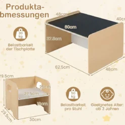 Kindertisch mit 2 Stühlen Tisch und Stuhl Set mit Tafel Spieltisch mit Niedlichem Muster für Kinderzimmer Grau/Natur/Weiß