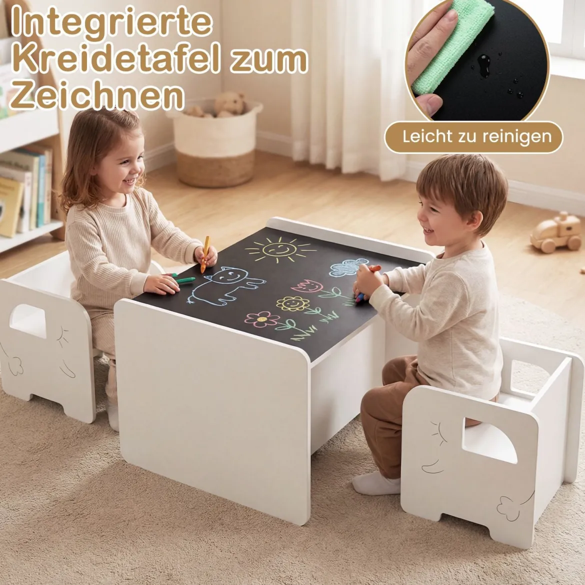 Kindertisch mit 2 Stühlen Tisch und Stuhl Set mit Tafel Spieltisch mit Niedlichem Muster für Kinderzimmer Grau/Natur/Weiß