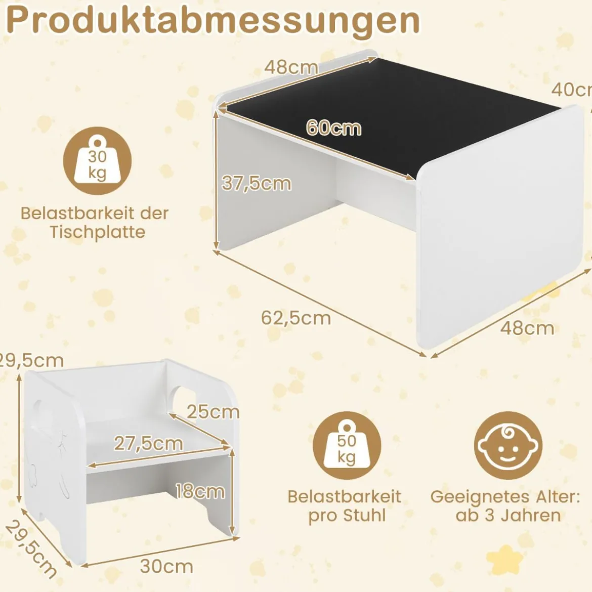 Kindertisch mit 2 Stühlen Tisch und Stuhl Set mit Tafel Spieltisch mit Niedlichem Muster für Kinderzimmer Grau/Natur/Weiß