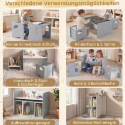 Kindertisch mit 2 Stühlen Tisch und Stuhl Set mit Tafel Spieltisch mit Niedlichem Muster für Kinderzimmer Grau/Natur/Weiß