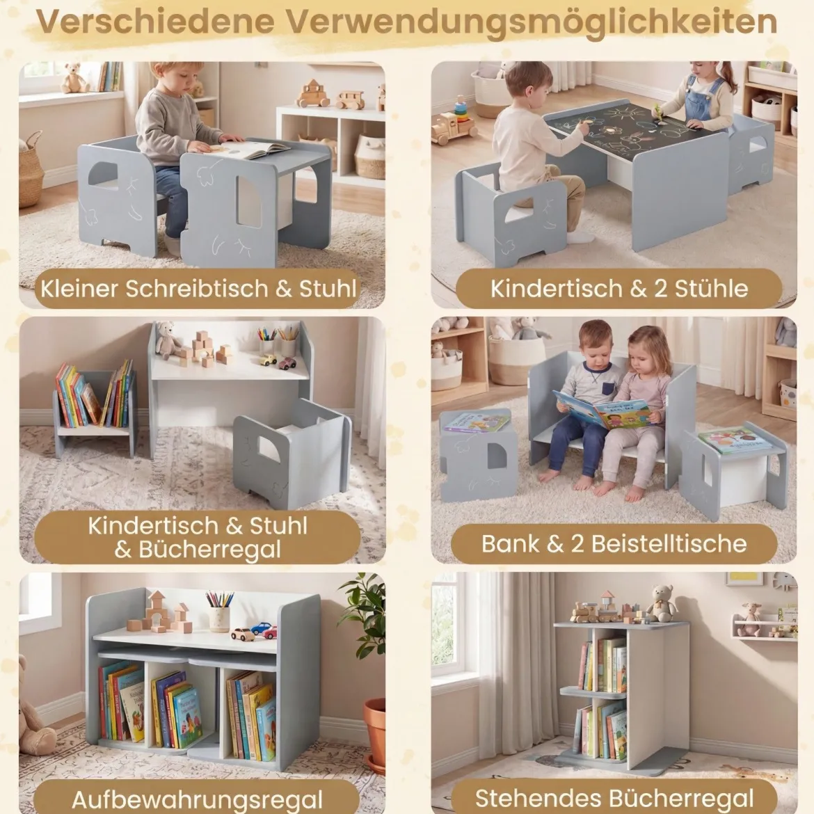 Kindertisch mit 2 Stühlen Tisch und Stuhl Set mit Tafel Spieltisch mit Niedlichem Muster für Kinderzimmer Grau/Natur/Weiß