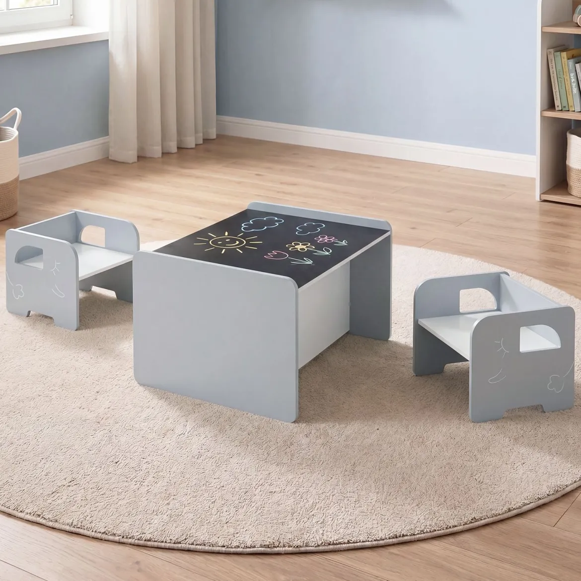 Kindertisch mit 2 Stühlen Tisch und Stuhl Set mit Tafel Spieltisch mit Niedlichem Muster für Kinderzimmer Grau/Natur/Weiß