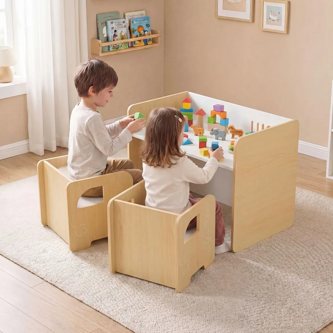 Kindertisch mit 2 Stühlen Tisch und Stuhl Set mit Tafel Spieltisch mit Niedlichem Muster für Kinderzimmer Grau/Natur/Weiß