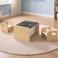 Kindertisch mit 2 Stühlen Tisch und Stuhl Set mit Tafel Spieltisch mit Niedlichem Muster für Kinderzimmer Grau/Natur/Weiß