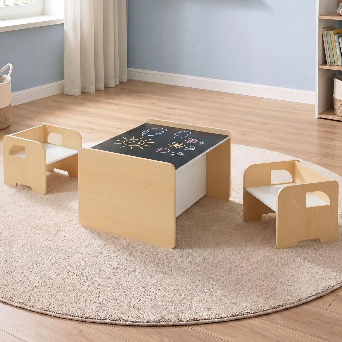 Kindertisch mit 2 Stühlen Tisch und Stuhl Set mit Tafel Spieltisch mit Niedlichem Muster für Kinderzimmer Grau/Natur/Weiß