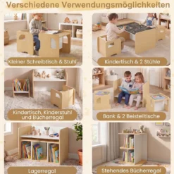 Kindertisch mit 2 Stühlen Tisch und Stuhl Set mit Tafel Spieltisch mit Niedlichem Muster für Kinderzimmer Grau/Natur/Weiß