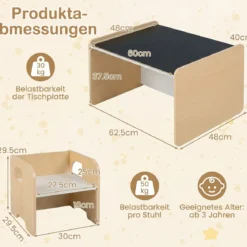Kindertisch mit 2 Stühlen Tisch und Stuhl Set mit Tafel Spieltisch mit Niedlichem Muster für Kinderzimmer Grau/Natur/Weiß