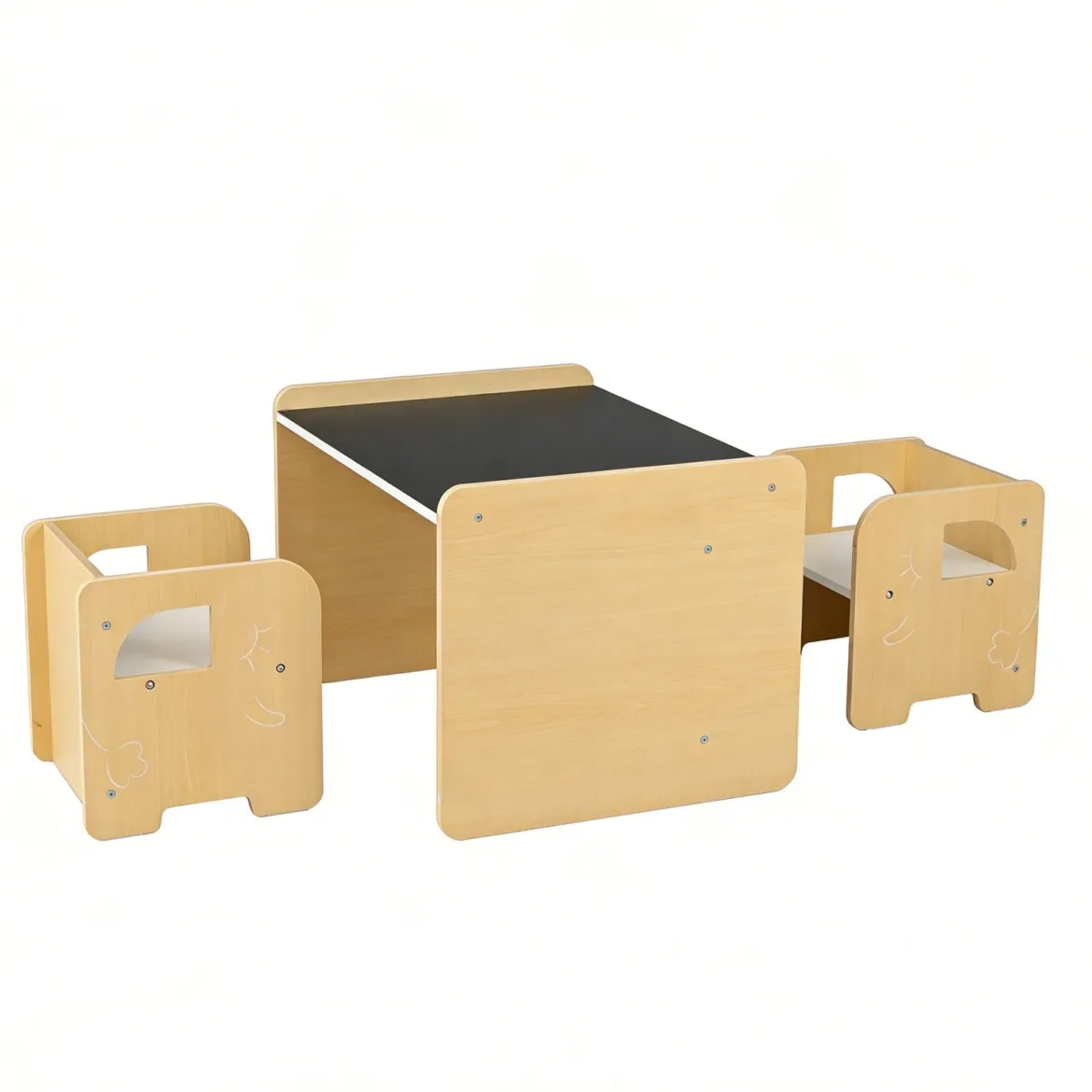 Kindertisch mit 2 Stühlen Tisch und Stuhl Set mit Tafel Spieltisch mit Niedlichem Muster für Kinderzimmer Grau/Natur/Weiß