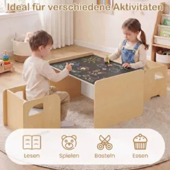 Kindertisch mit 2 Stühlen Tisch und Stuhl Set mit Tafel Spieltisch mit Niedlichem Muster für Kinderzimmer Grau/Natur/Weiß