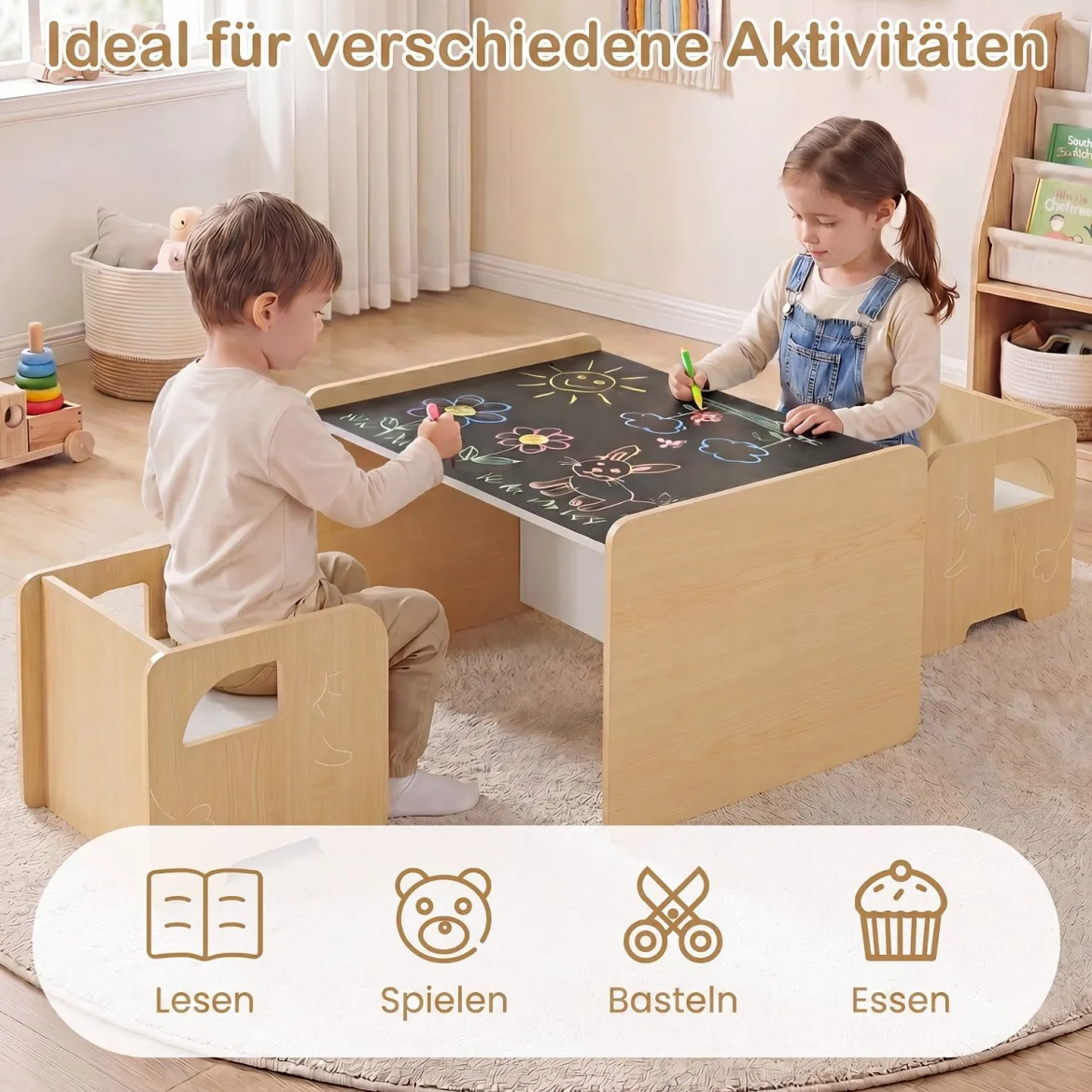 Kindertisch mit 2 Stühlen Tisch und Stuhl Set mit Tafel Spieltisch mit Niedlichem Muster für Kinderzimmer Grau/Natur/Weiß