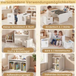 Kindertisch mit 2 Stühlen Tisch und Stuhl Set mit Tafel Spieltisch mit Niedlichem Muster für Kinderzimmer Grau/Natur/Weiß