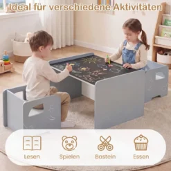 Kindertisch mit 2 Stühlen Tisch und Stuhl Set mit Tafel Spieltisch mit Niedlichem Muster für Kinderzimmer Grau/Natur/Weiß