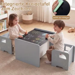 Kindertisch mit 2 Stühlen Tisch und Stuhl Set mit Tafel Spieltisch mit Niedlichem Muster für Kinderzimmer Grau/Natur/Weiß
