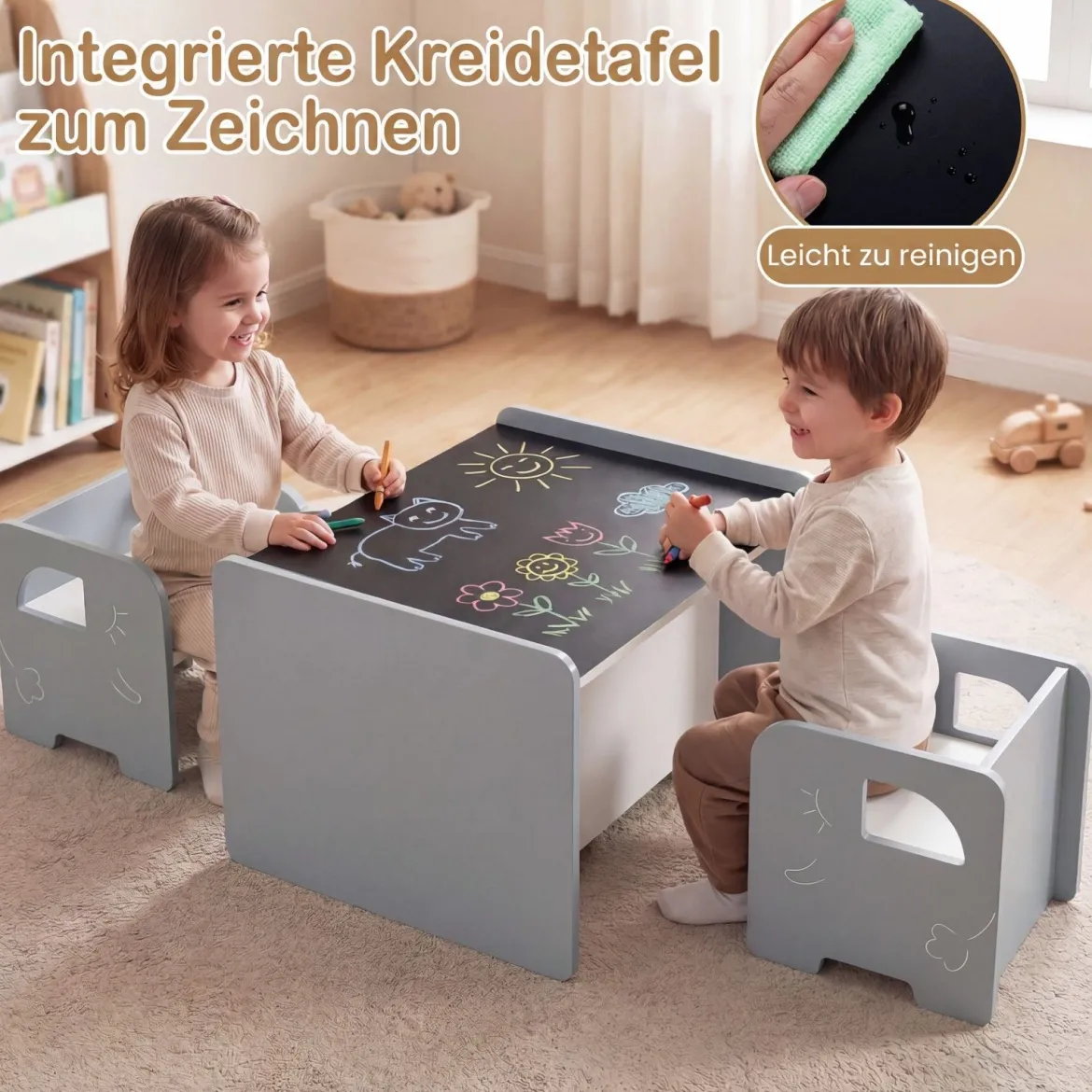Kindertisch mit 2 Stühlen Tisch und Stuhl Set mit Tafel Spieltisch mit Niedlichem Muster für Kinderzimmer Grau/Natur/Weiß