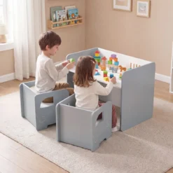 Kindertisch mit 2 Stühlen Tisch und Stuhl Set mit Tafel Spieltisch mit Niedlichem Muster für Kinderzimmer Grau/Natur/Weiß