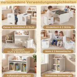 Kindertisch mit 2 Stühlen Tisch und Stuhl Set mit Tafel Spieltisch mit Niedlichem Muster für Kinderzimmer Grau/Natur/Weiß