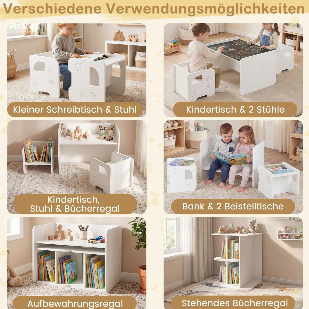 Kindertisch mit 2 Stühlen Tisch und Stuhl Set mit Tafel Spieltisch mit Niedlichem Muster für Kinderzimmer Grau/Natur/Weiß