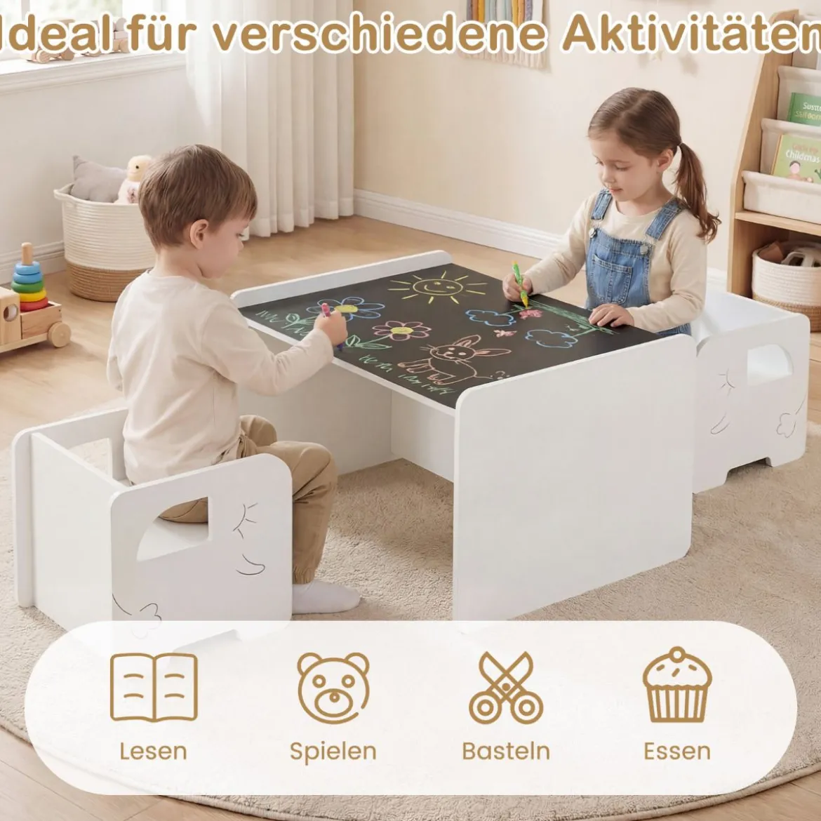 Kindertisch mit 2 Stühlen Tisch und Stuhl Set mit Tafel Spieltisch mit Niedlichem Muster für Kinderzimmer Grau/Natur/Weiß