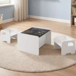 Kindertisch mit 2 Stühlen Tisch und Stuhl Set mit Tafel Spieltisch mit Niedlichem Muster für Kinderzimmer Grau/Natur/Weiß