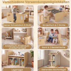 Kindertisch mit 2 Stühlen Tisch und Stuhl Set mit Tafel Spieltisch mit Niedlichem Muster für Kinderzimmer Grau/Natur/Weiß