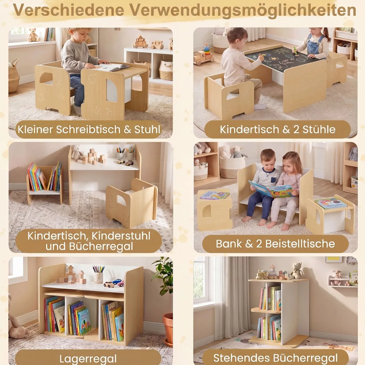 Kindertisch mit 2 Stühlen Tisch und Stuhl Set mit Tafel Spieltisch mit Niedlichem Muster für Kinderzimmer Grau/Natur/Weiß