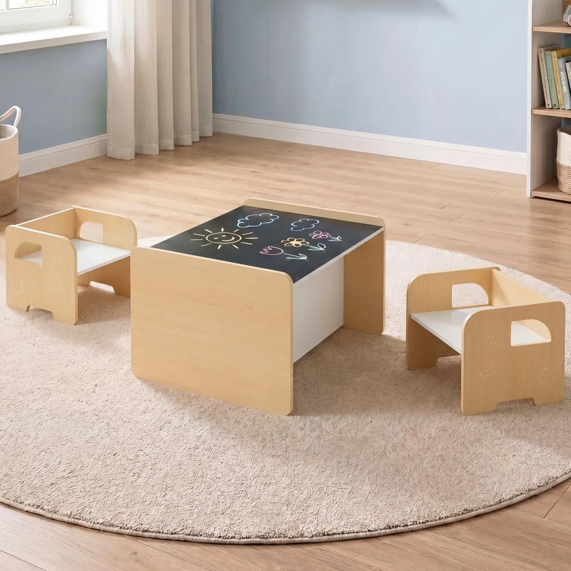 Kindertisch mit 2 Stühlen Tisch und Stuhl Set mit Tafel Spieltisch mit Niedlichem Muster für Kinderzimmer Grau/Natur/Weiß