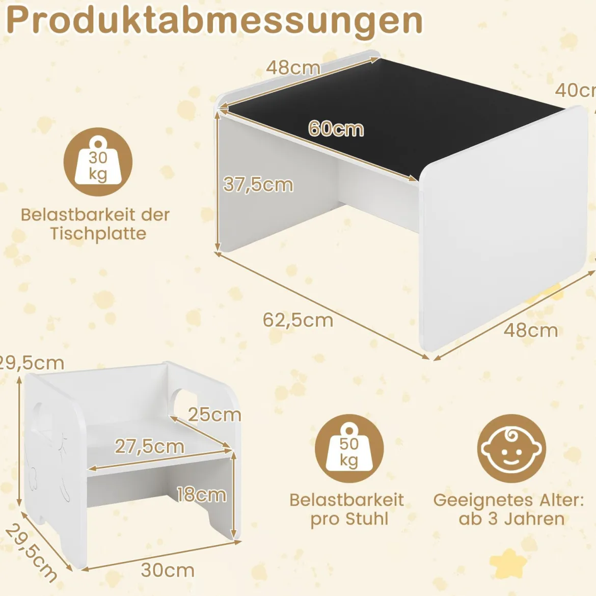 Kindertisch mit 2 Stühlen Tisch und Stuhl Set mit Tafel Spieltisch mit Niedlichem Muster für Kinderzimmer Grau/Natur/Weiß