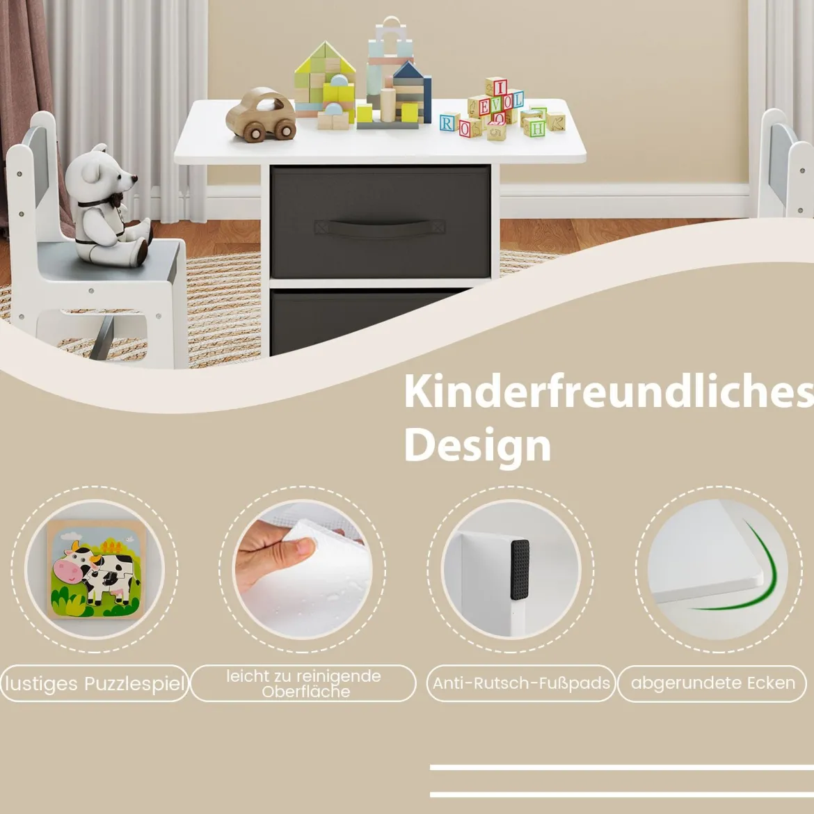 Kindertisch mit 2 Stühlen 3 TLG. Kindersitzgruppe aus Holz mit 2 abnehmbarem Körben Aktivitätstisch Maltisch Grau