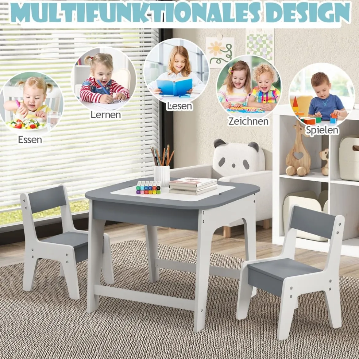Kindertisch mit 2 Stühlen 3 TLG Kindersitzgruppe Holz mit Doppelseitiger Tischplatte Natur + Weiß/Grau/Natur