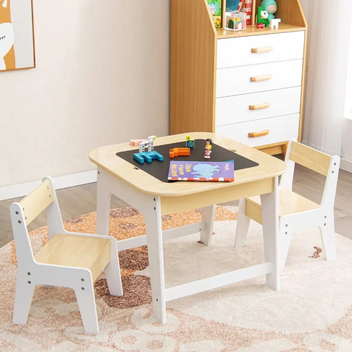 Kindertisch mit 2 Stühlen 3 TLG Kindersitzgruppe Holz mit Doppelseitiger Tischplatte Natur + Weiß/Grau/Natur