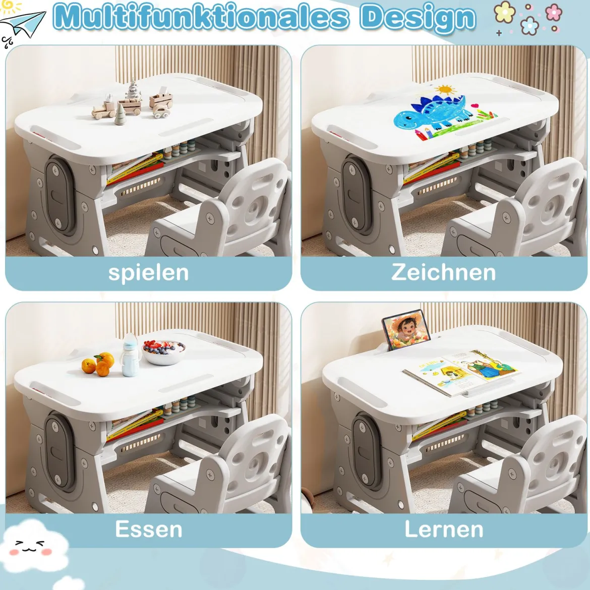 Kindertisch mit Stuhl Höhenverstellbare Kindersitzgruppe mit Neigbarem Whiteboard Grau